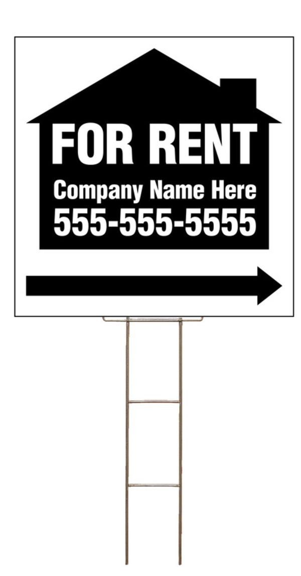 For Rent Sign and Wire Stake Unit with Space for Company Name, 24h x 24w, 4mm Corrugated Plastic